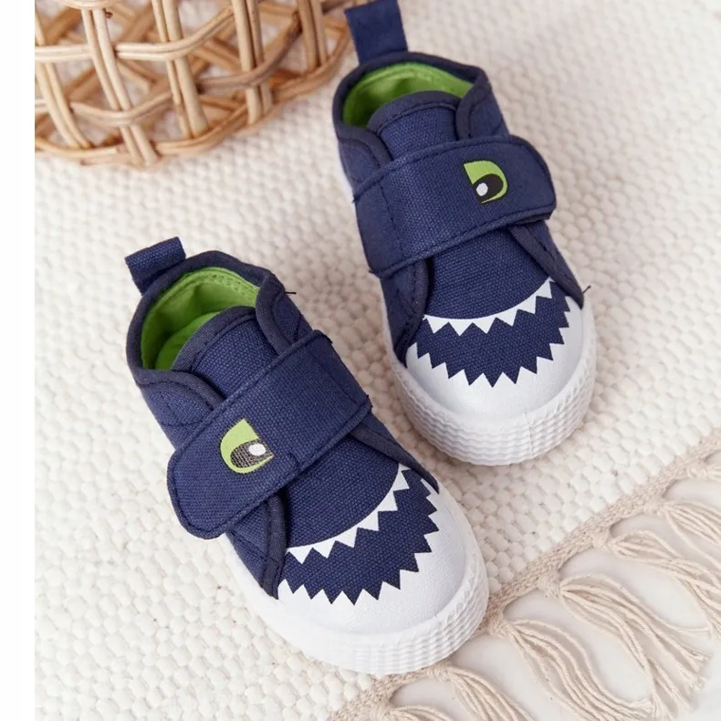 Baskets Enfant Avec Velcro Avec Un Requin Bleu Marine