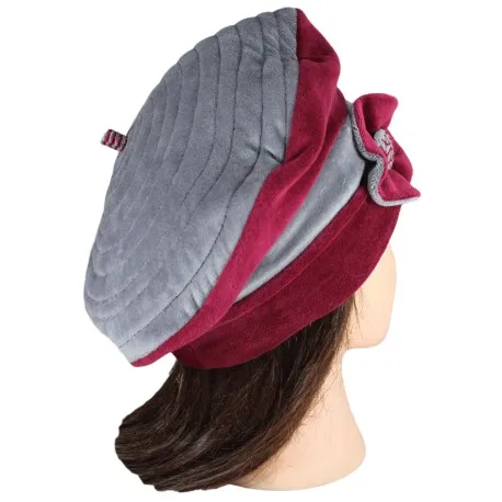 BERET FEMME en VELOURS doublé POLAIRE coloris bordeaux et gris souris