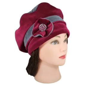 BERET FEMME en VELOURS doublé POLAIRE coloris bordeaux et gris souris