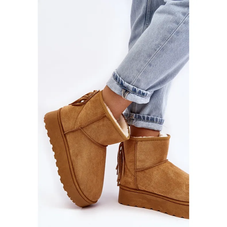 Bottines de neige femme sur plateforme massive à franges Camel Lirico brun