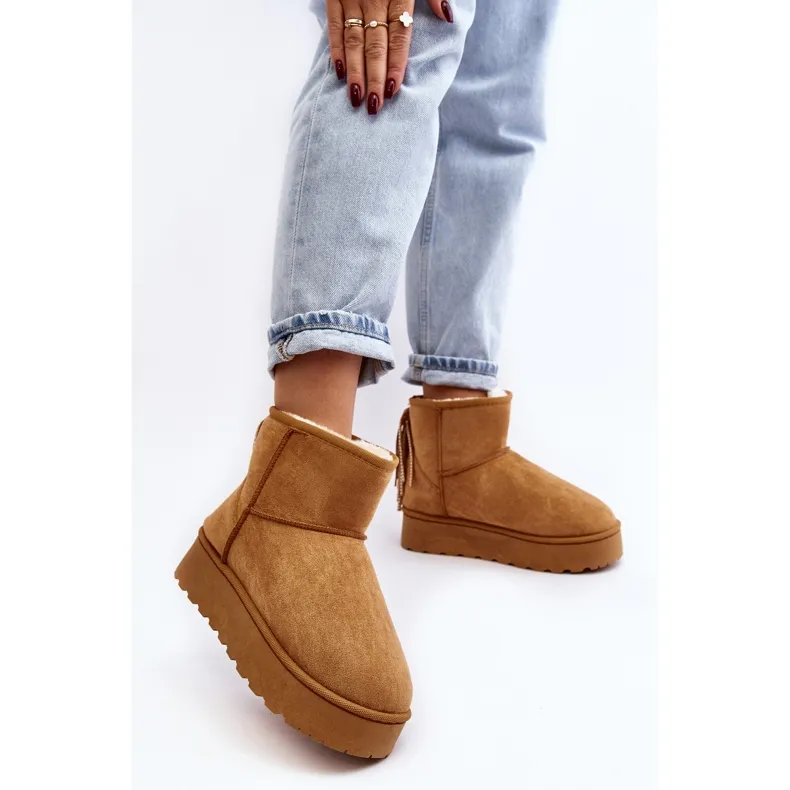 Bottines de neige femme sur plateforme massive à franges Camel Lirico brun