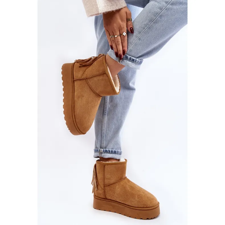 Bottines de neige femme sur plateforme massive à franges Camel Lirico brun