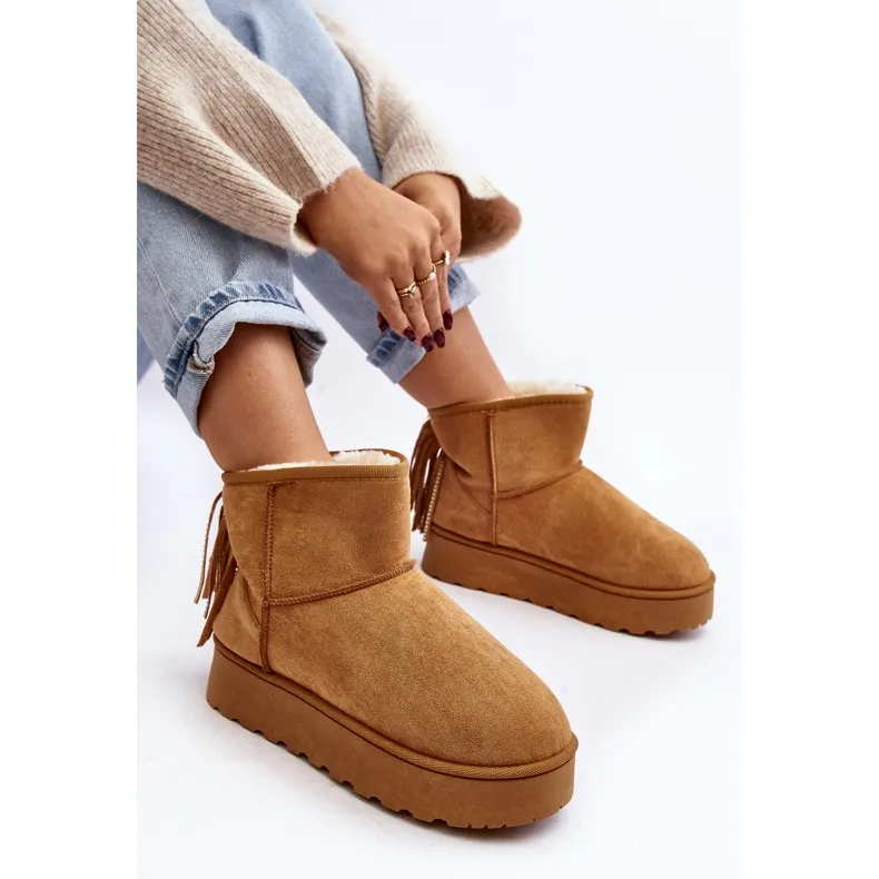 Bottines de neige femme sur plateforme massive à franges Camel Lirico brun