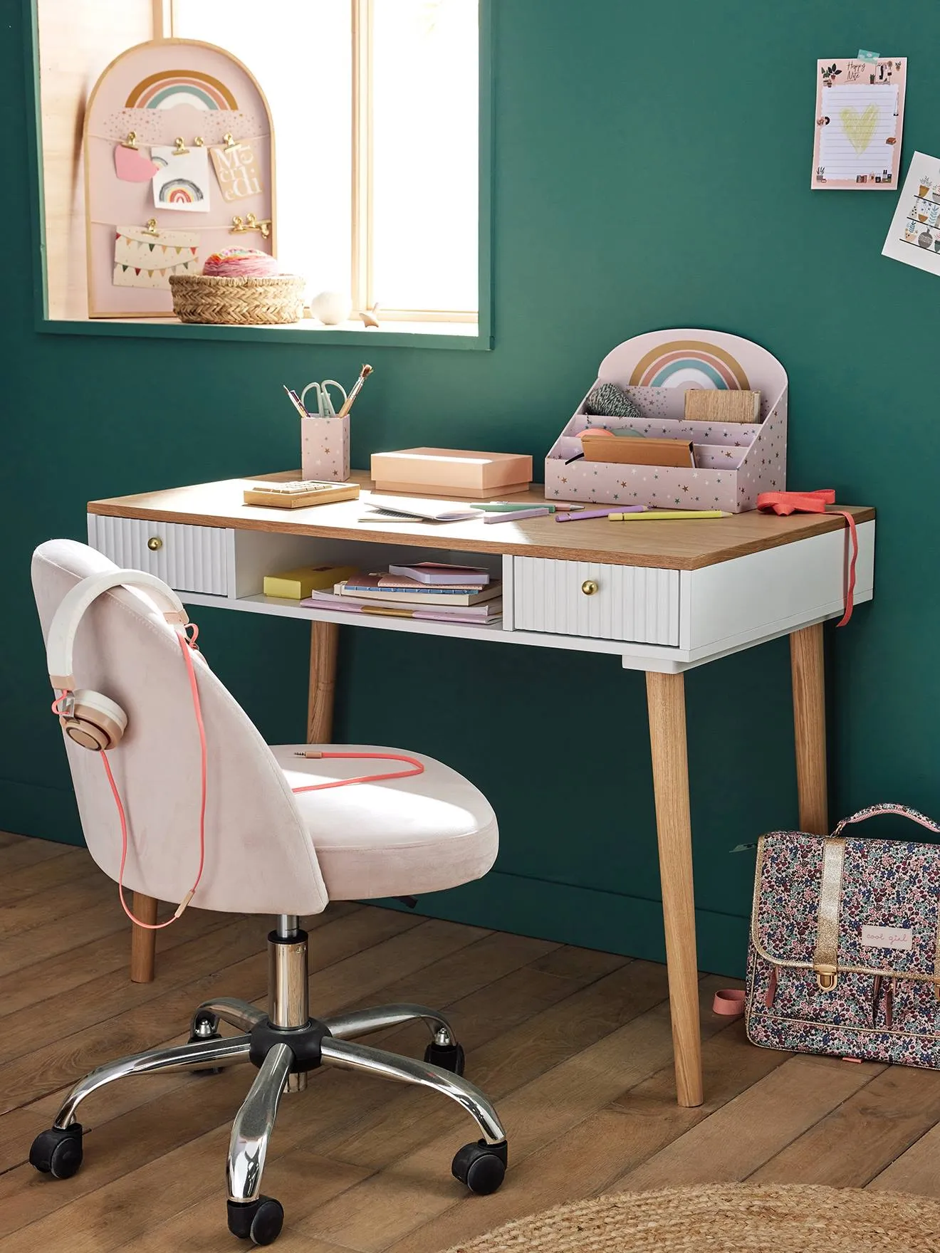 Chaise de bureau à roulettes enfant en velours rose poudré - Vertbaudet