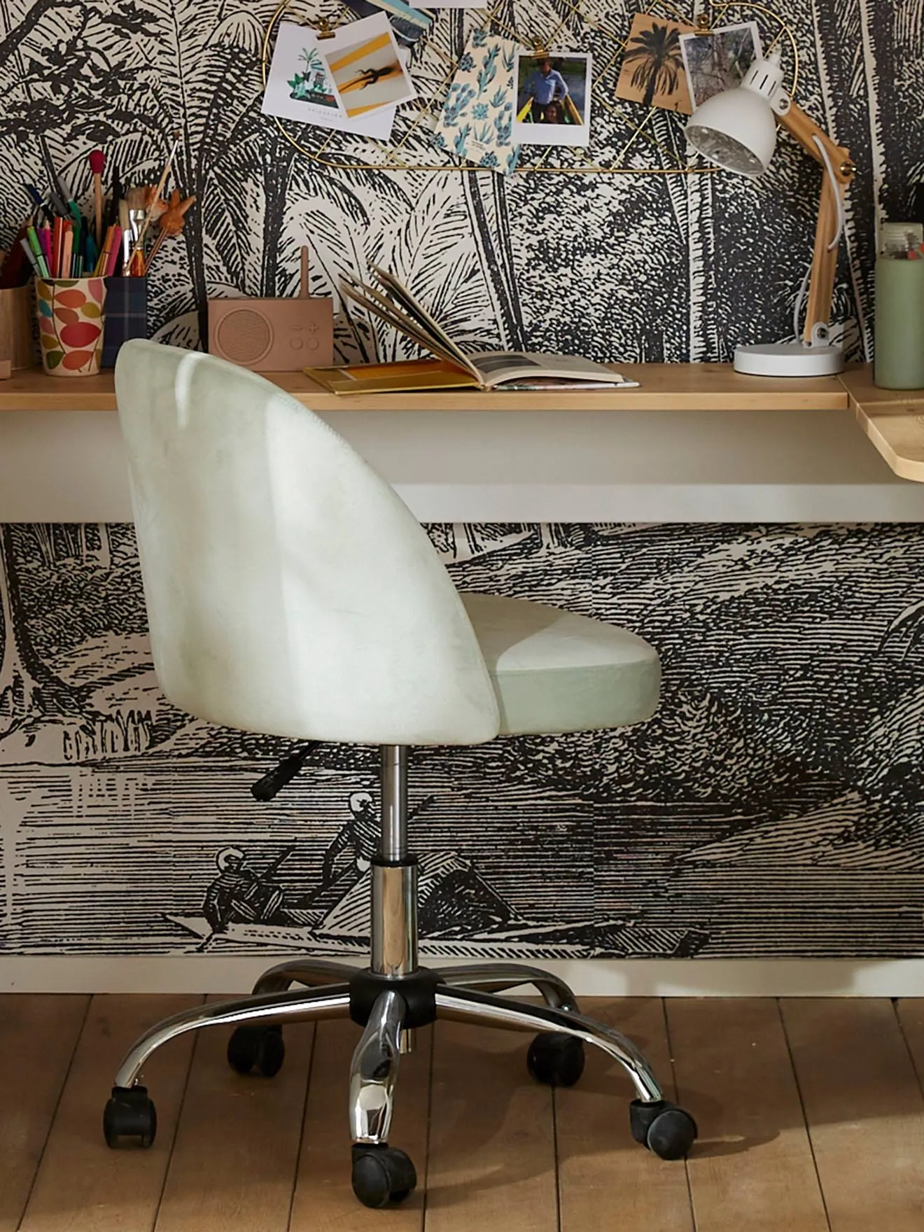 Chaise de bureau à roulettes enfant en velours rose poudré - Vertbaudet