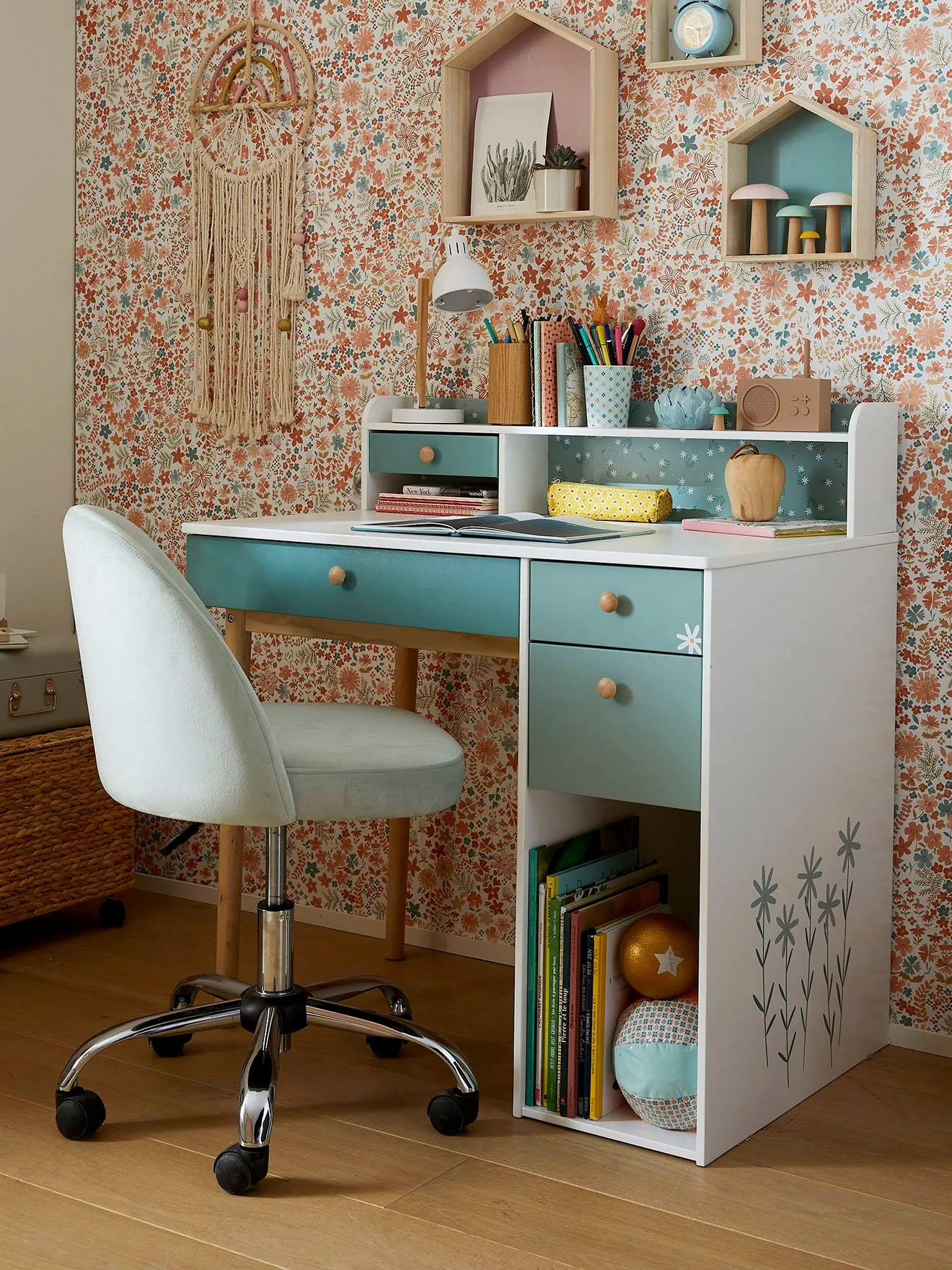 Chaise de bureau à roulettes enfant en velours rose poudré - Vertbaudet