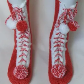 Chaussons en laine, chaussettes à lacets et pompons, taille 36/37/38/39, tricoté main, pantoufles confort d'intérieur, cade