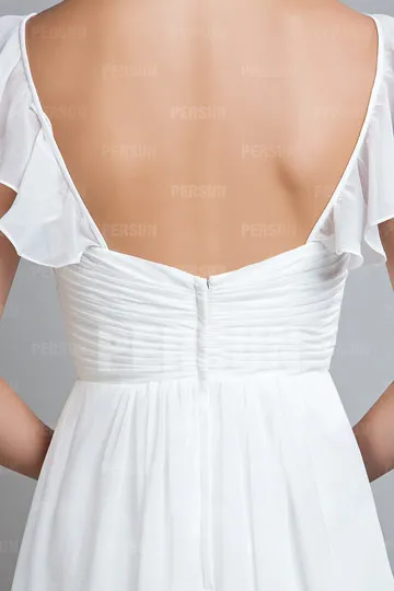 Chic petite robe témoin mariage plissée dos échancré en U à mancherons en mousseline