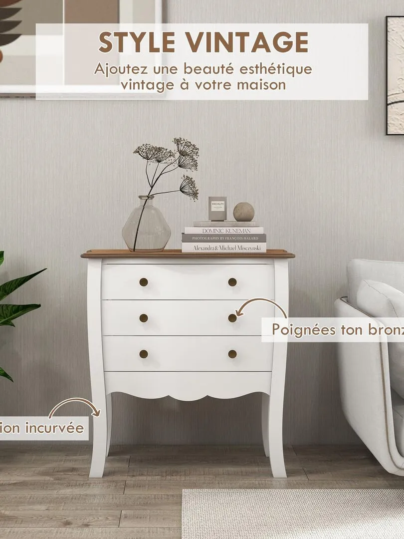 Commode style néo-rétro 3 tiroirs poignées boutons bois MDF panneaux blanc - Blanc