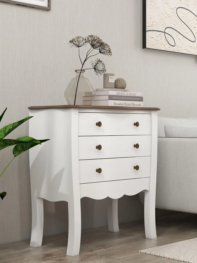 Commode style néo-rétro 3 tiroirs poignées boutons bois MDF panneaux blanc - Blanc