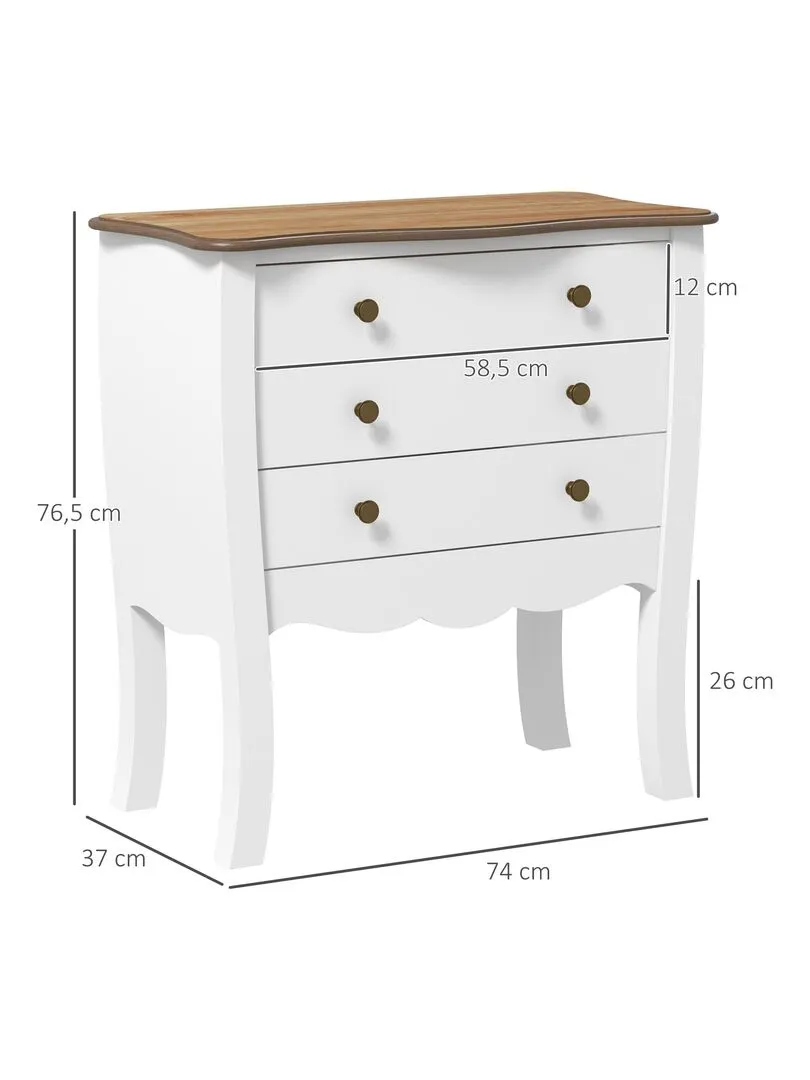 Commode style néo-rétro 3 tiroirs poignées boutons bois MDF panneaux blanc - Blanc