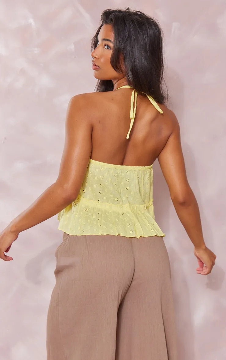 Crop top dos nu en broderie jaune citron à volants