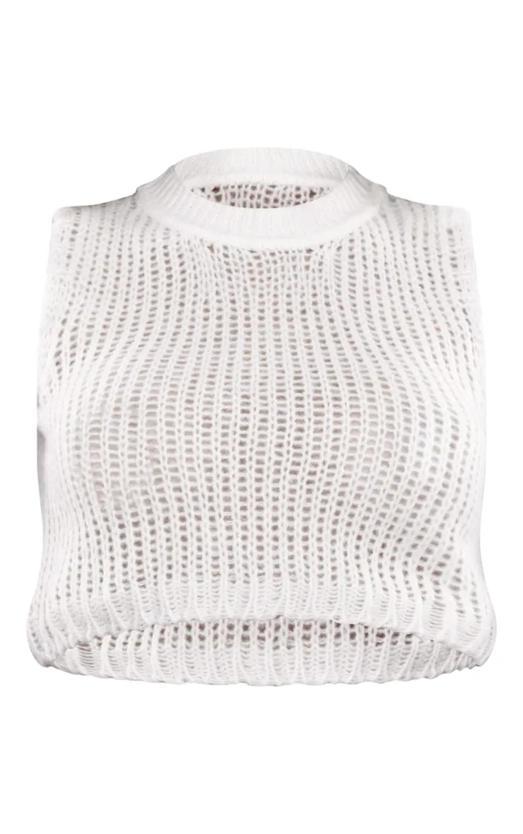 Crop top sans manches en maille tricot ajourée crème