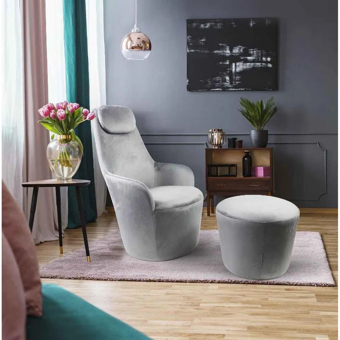 Fauteuil Avec Repose-Pieds en Velours Argent  | 3 Suisses