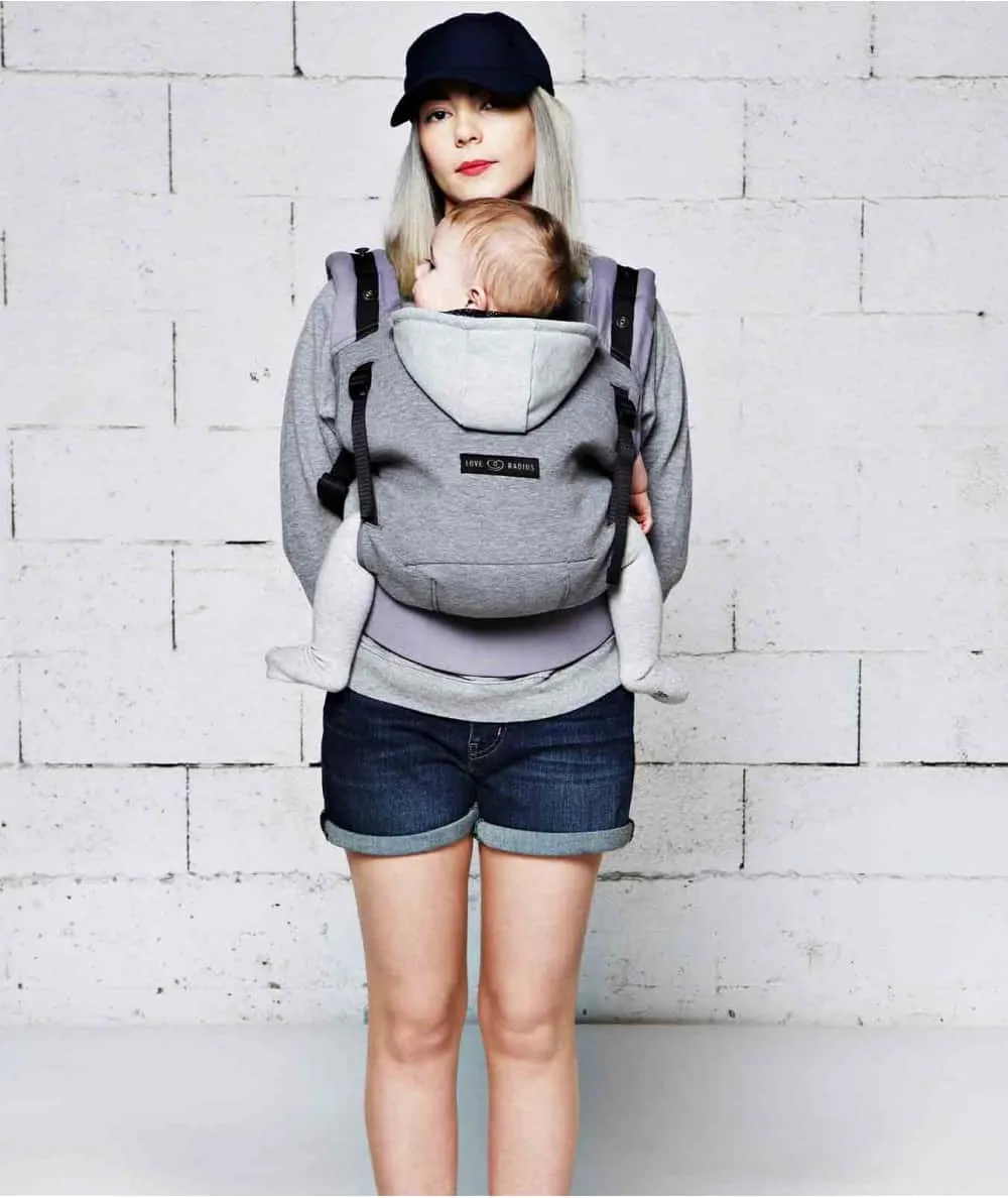 Love Radius : Porte bébé Physiologique 'Hoodie Carrier Pack' - Gris Flanelle - 100% Ecoresponsable - Mer(e)veilleuse