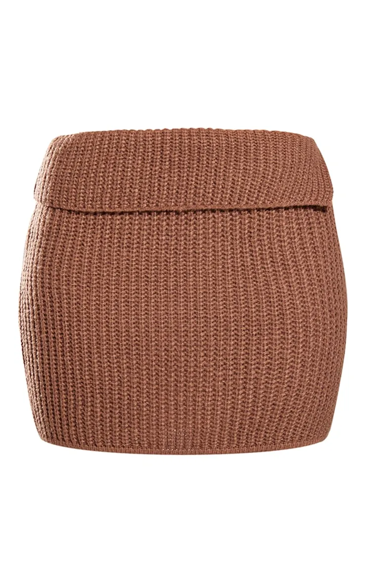 Mini-jupe marron en maille tricot chunky repliée