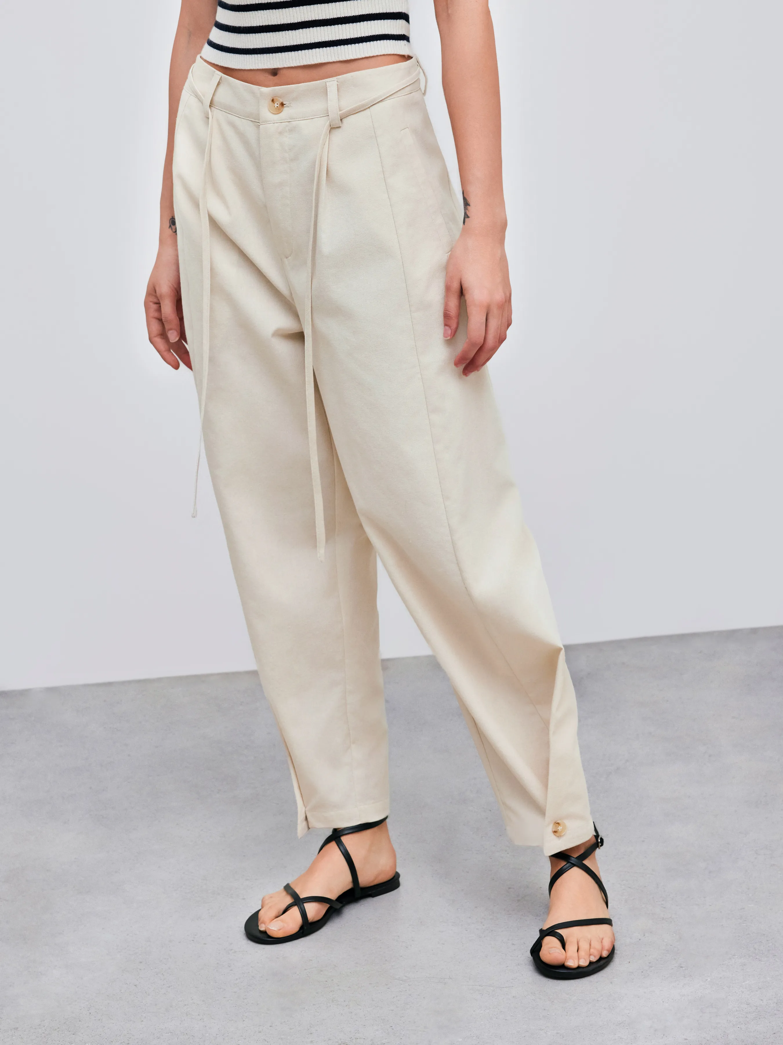 Pantalon baril uni à taille mi-haute en mélange de lin
