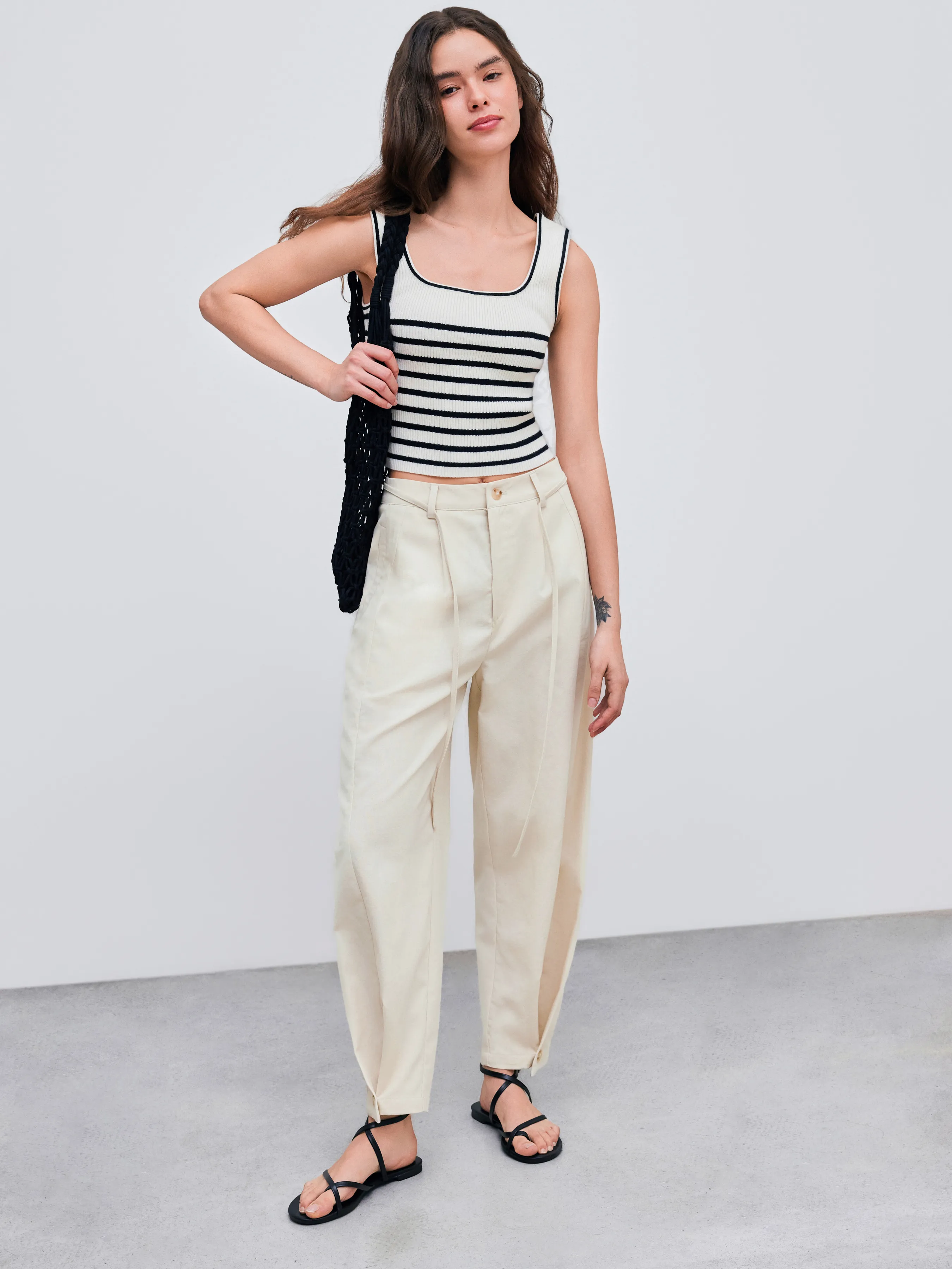 Pantalon baril uni à taille mi-haute en mélange de lin