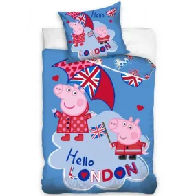 Parure de lit enfant 2 pièces Peppa Pig Londres 140 x 200 cm + taie d'oreiller 100 % coton