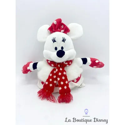 Peluche Minnie Mouse Bonhomme de neige Disneyland Paris Disney Noel blanc rouge 18 cm