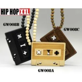 Pendentif en Bois Hip Hop Cassette Retro Old School Bling Collier