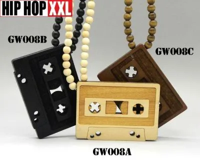 Pendentif en Bois Hip Hop Cassette Retro Old School Bling Collier