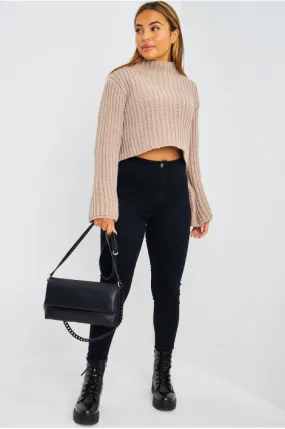 Pull court en grosses mailles beige foncé