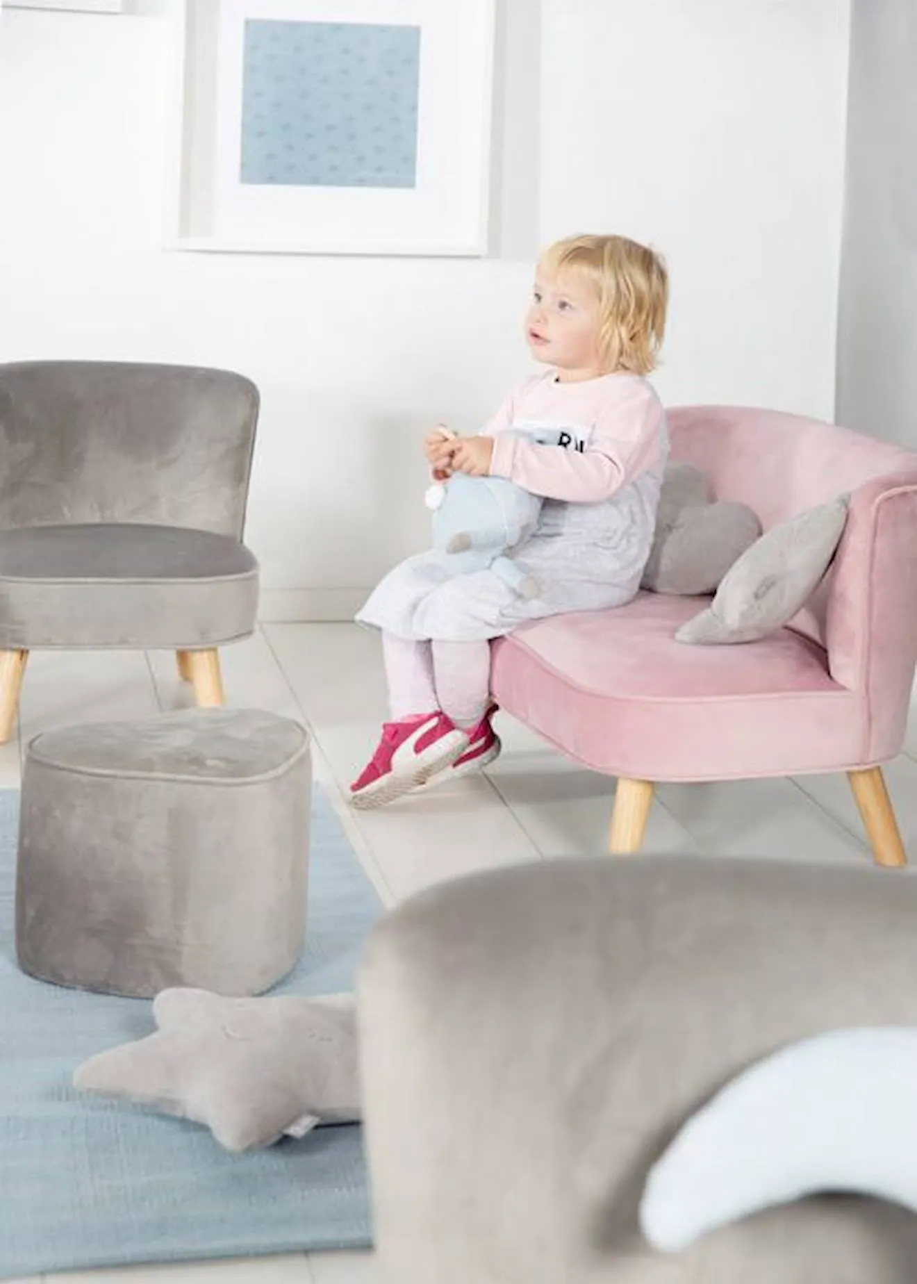 ROBA Canapé Enfant en Velours Lil Sofa - Style Scandinave - Pieds en Bois Massif - Rose rose - Roba