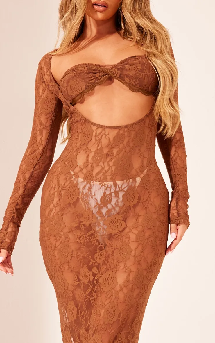 Robe bustier longue marron en dentelle transparente à manches longues