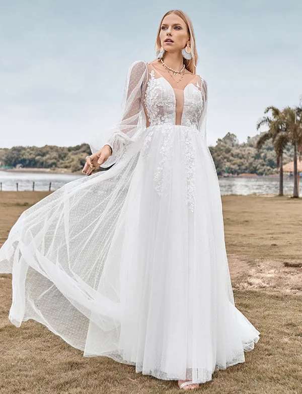 Robe de mariée ivoire A Line à manches longues et dos ouvert avec applications