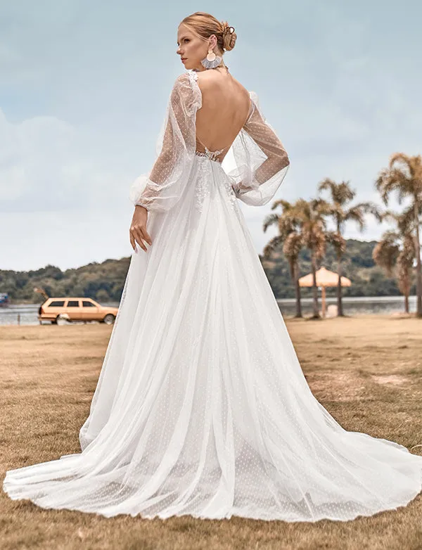 Robe de mariée ivoire A Line à manches longues et dos ouvert avec applications