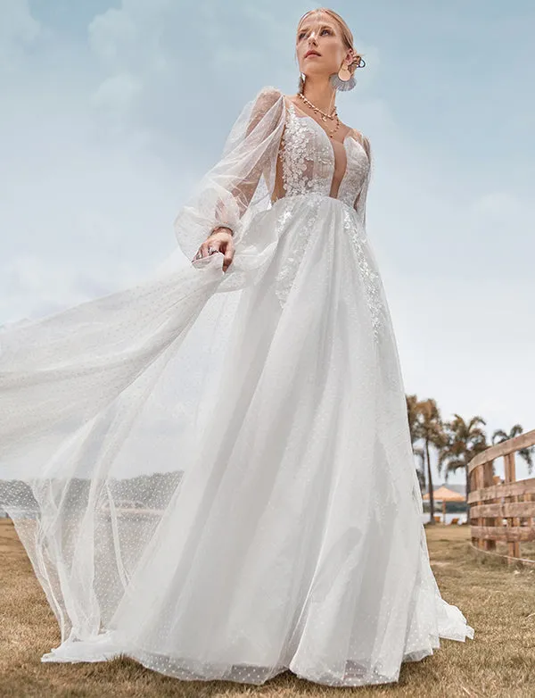 Robe de mariée ivoire A Line à manches longues et dos ouvert avec applications