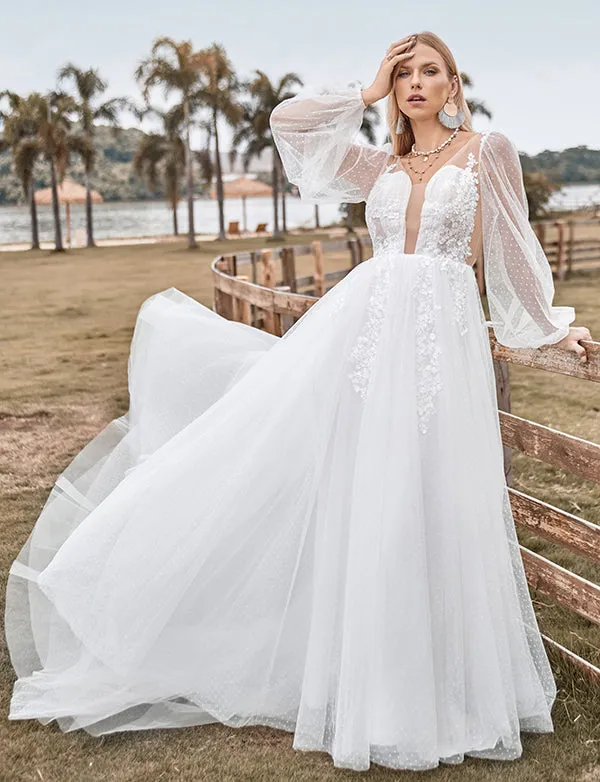 Robe de mariée ivoire A Line à manches longues et dos ouvert avec applications