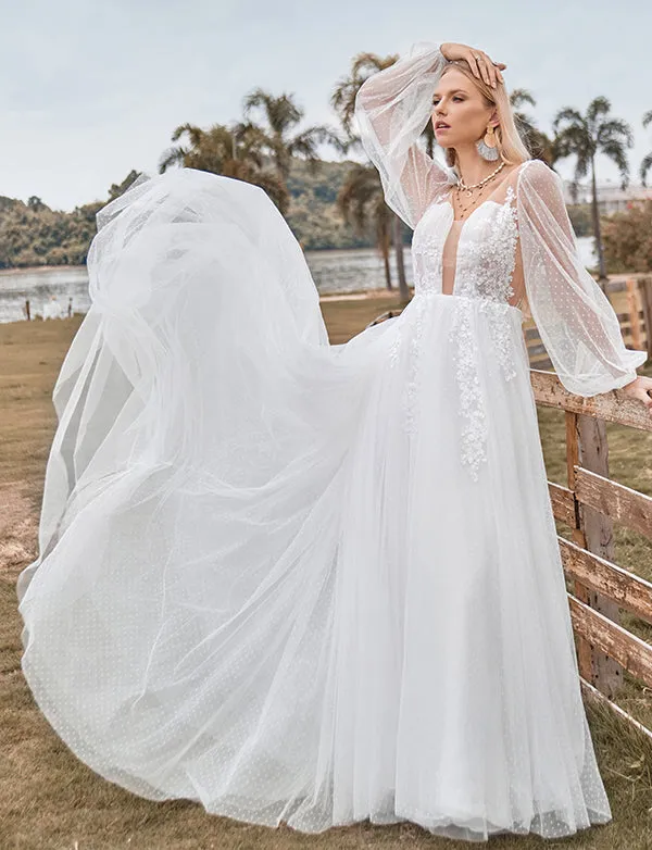 Robe de mariée ivoire A Line à manches longues et dos ouvert avec applications