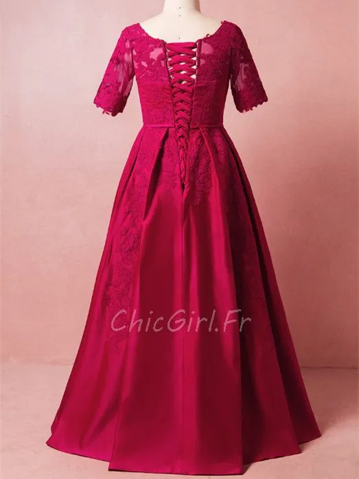 Robe De Soirée Bal Grande Taille Longue Rouge Satin Dentelle Manche Col Rond