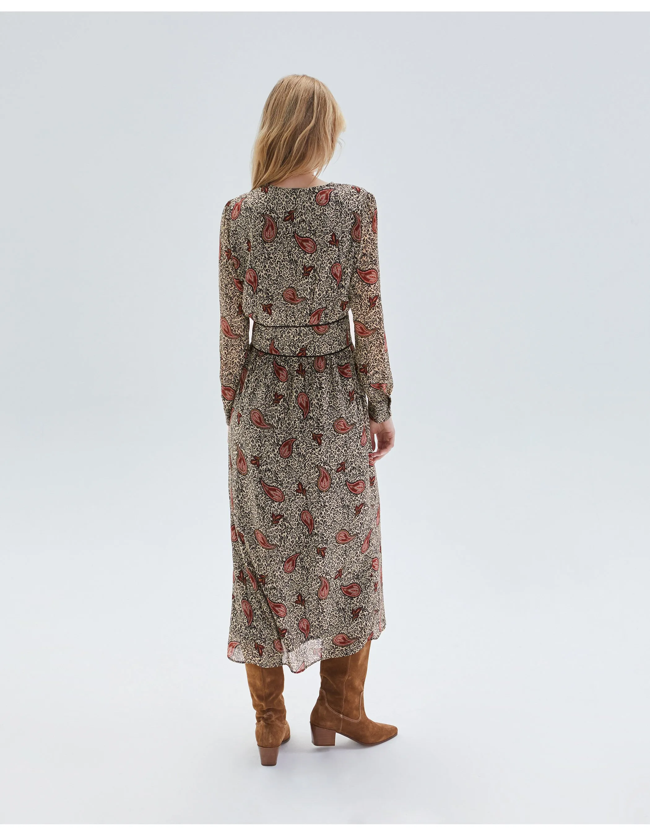 Robe longue écrue recyclée imprimé léo cachemire Femme