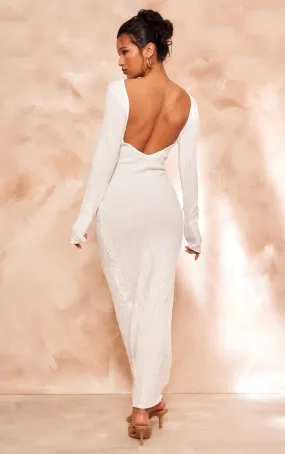 Robe longue en maille texturée blanc cassé à manches longues