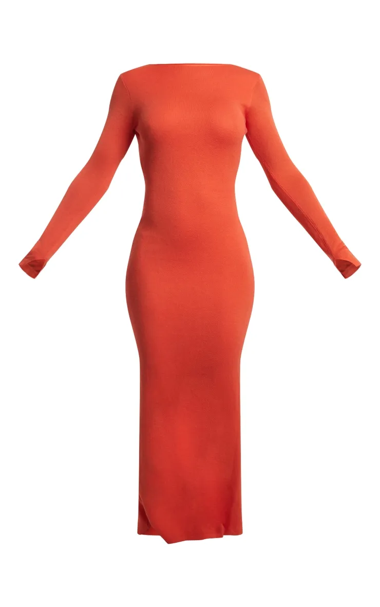 Robe longue en maille tricot douce orange à dos ouvert