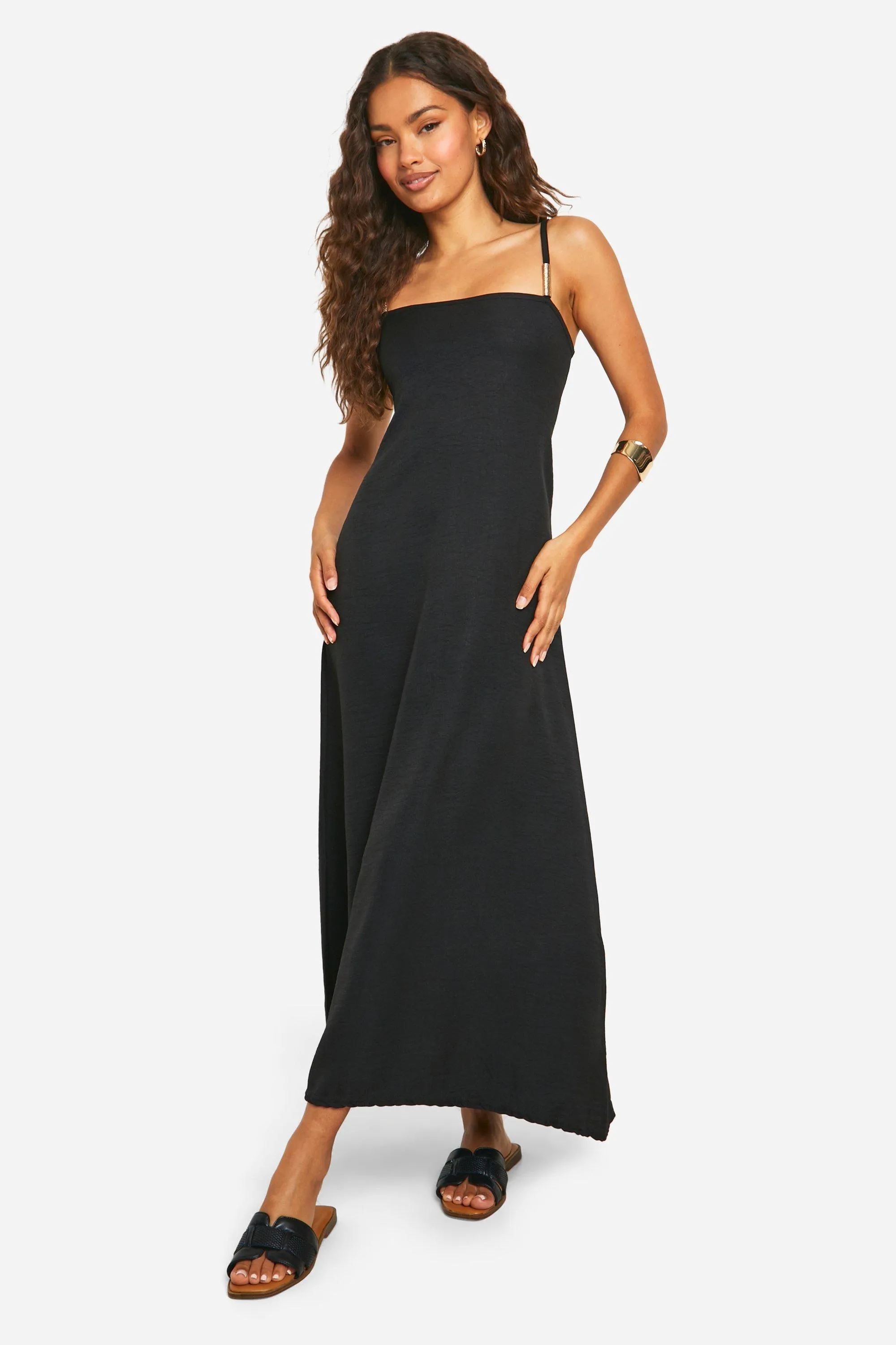 Robe mi-longue en lin à bordures métallisées