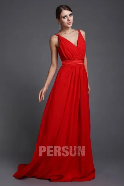 Robe rouge pour mariage décolleté en V simple en mousseline