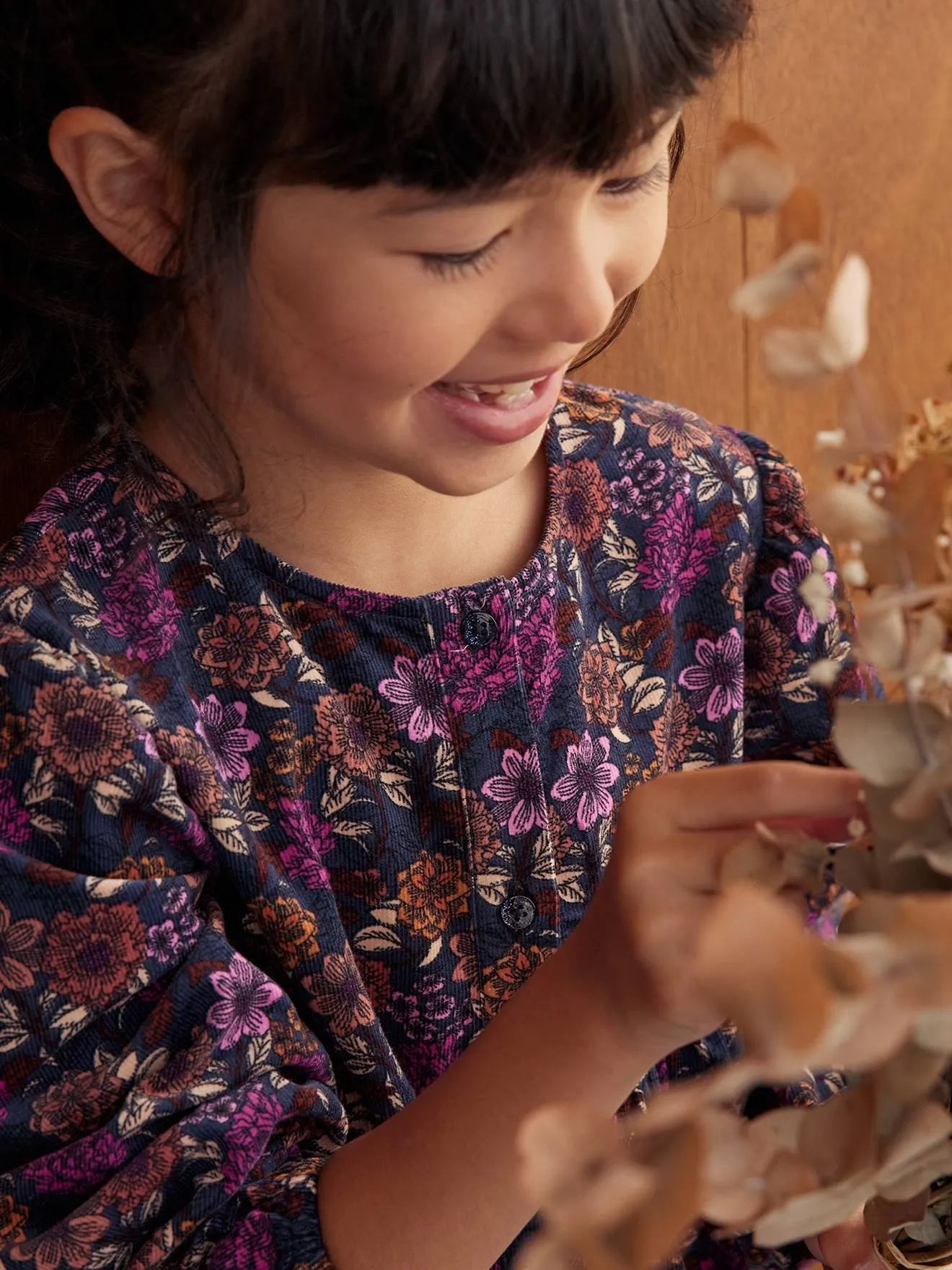 Robe à fleurs en velours fille bleu nuit - Vertbaudet