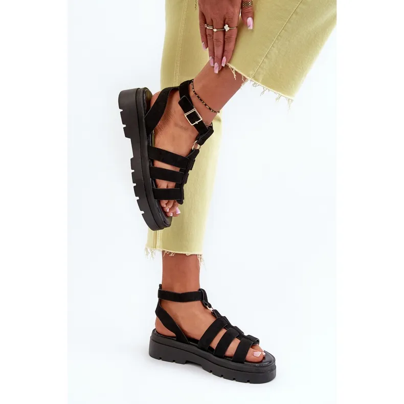 Sandales Gladiateur Pour Femmes En Daim Eco Noir Dorameia le noir