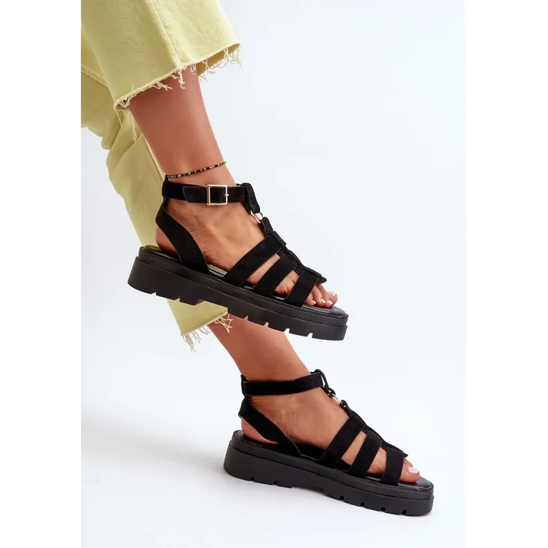 Sandales Gladiateur Pour Femmes En Daim Eco Noir Dorameia le noir