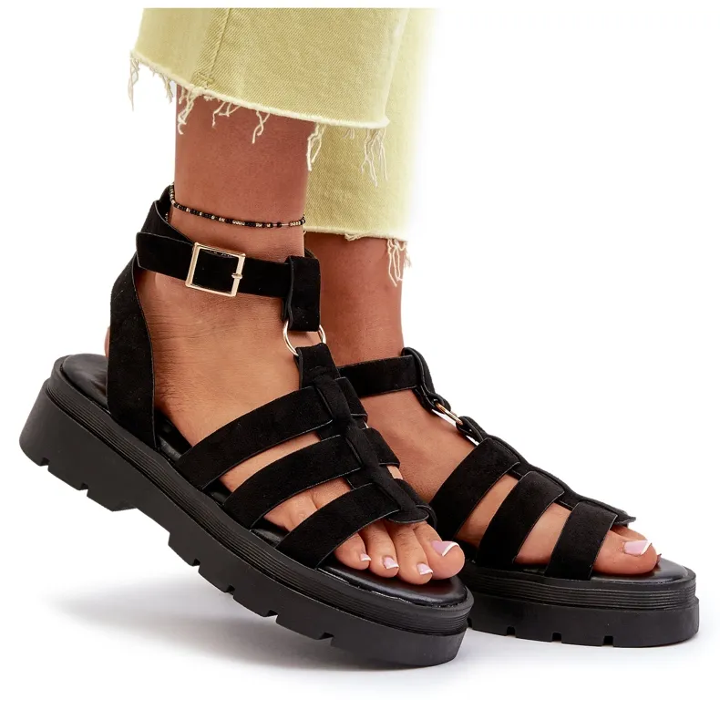 Sandales Gladiateur Pour Femmes En Daim Eco Noir Dorameia le noir