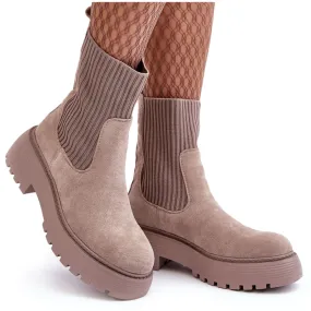 Seastar Bottines En Daim Avec Chaussette Sur Plateforme Et Talon Plat, Beige Foncé Rewam