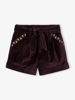 Short fantaisie en velours lisse fille aubergine - Vertbaudet