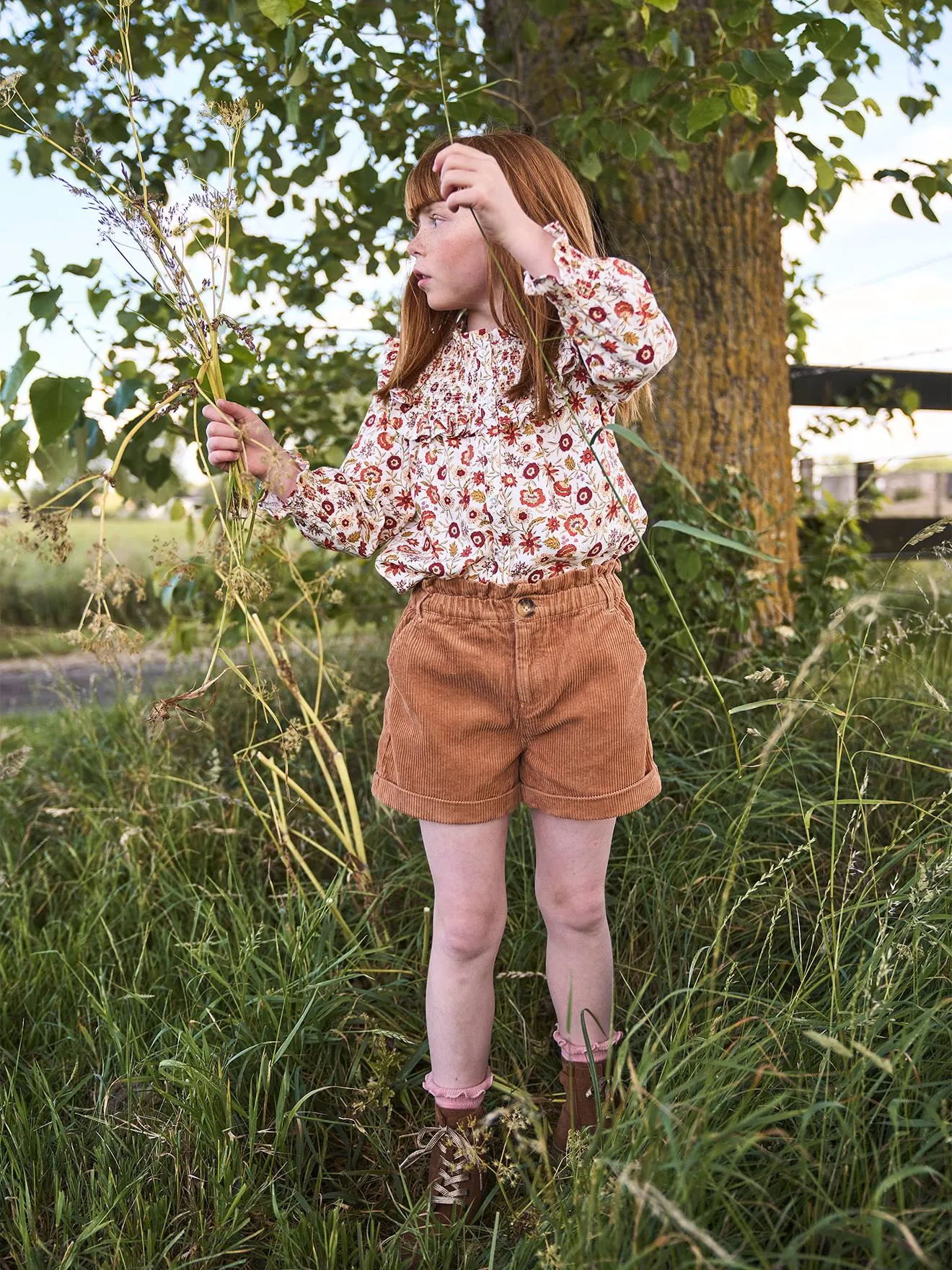 Short paperbag en velours fille bois de rose - Vertbaudet