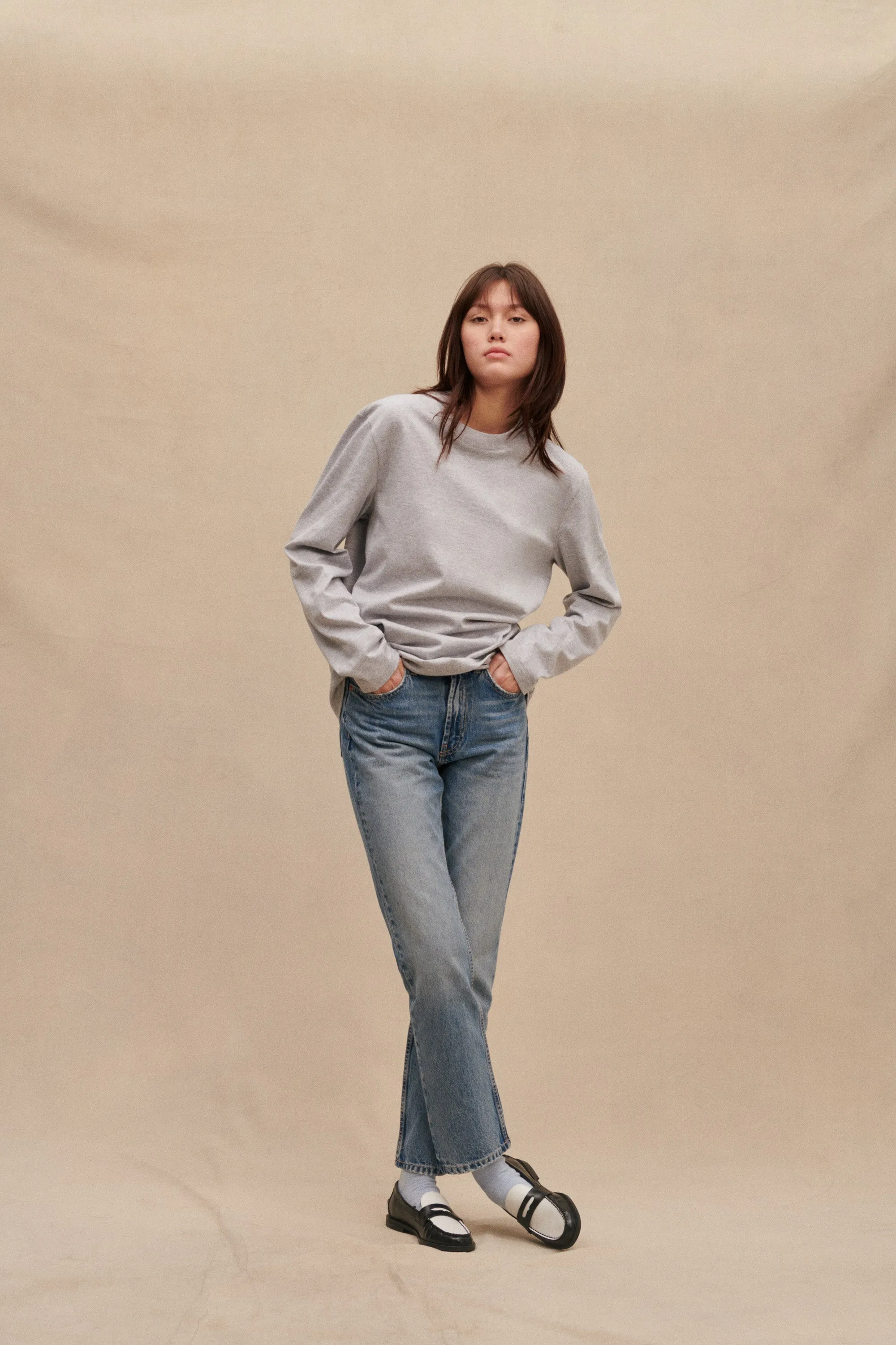 T-shirt gris à manches longues pour femme