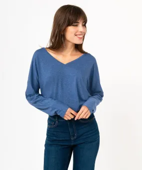 tee-shirt a manches longues a double col v femme bleu t-shirts manches longues