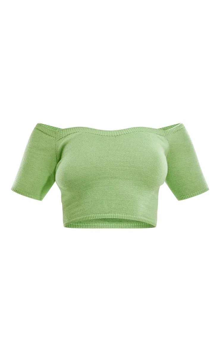 Top en maille tricot douce vert citron à col bardot